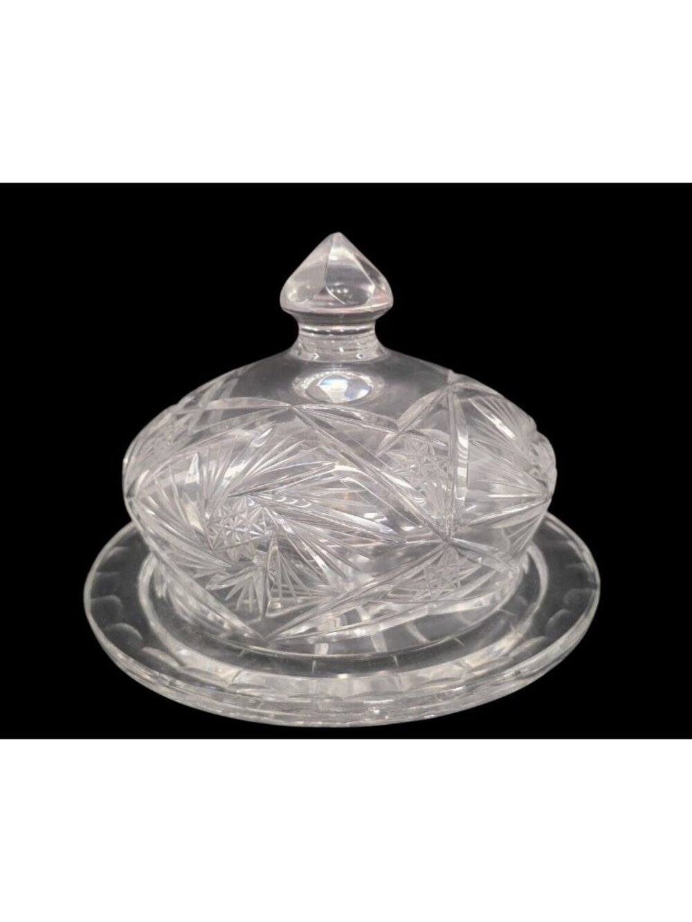 Vintage MCM Round Brilliant-Cut Star Motif Crystal Lidded Butter or Cheese Dish